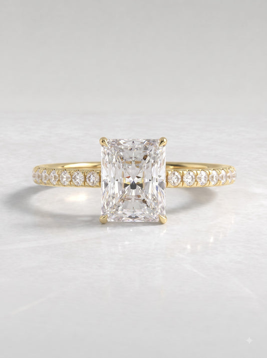 2.5 CT Radiant Cut Lab Grown Diamond Hidden Halo, Accent Engagement Ring