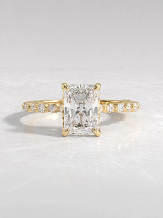 Heirloom Solitare With Accent, Hidden Halo Emerald Cut Lab-Grown Diamond Engagement Ring