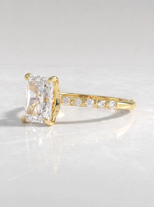 Heirloom Solitare With Accent, Hidden Halo Emerald Cut Lab-Grown Diamond Engagement Ring - View 2