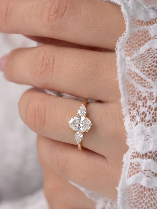 Oval Cut Lab-Grown Diamond Petite Three Stone Shimmering Band Solitaire Engagement Ring