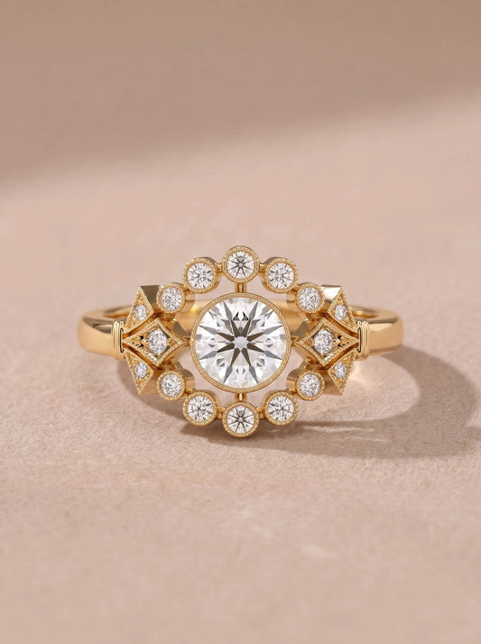 1 CT Round Lab Grown Diamond Vintage-Inspired Halo Ring