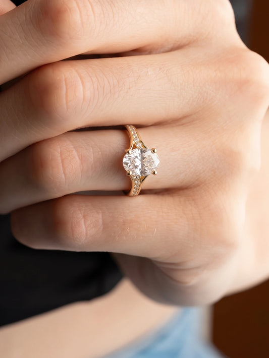 Artisanal Solitare With Accent, Split shank Oval Cut Lab-Grown Diamond Bridal Ring - View 2