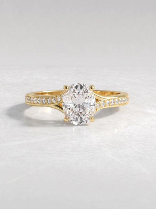 Artisanal Solitare With Accent, Split shank Oval Cut Lab-Grown Diamond Bridal Ring
