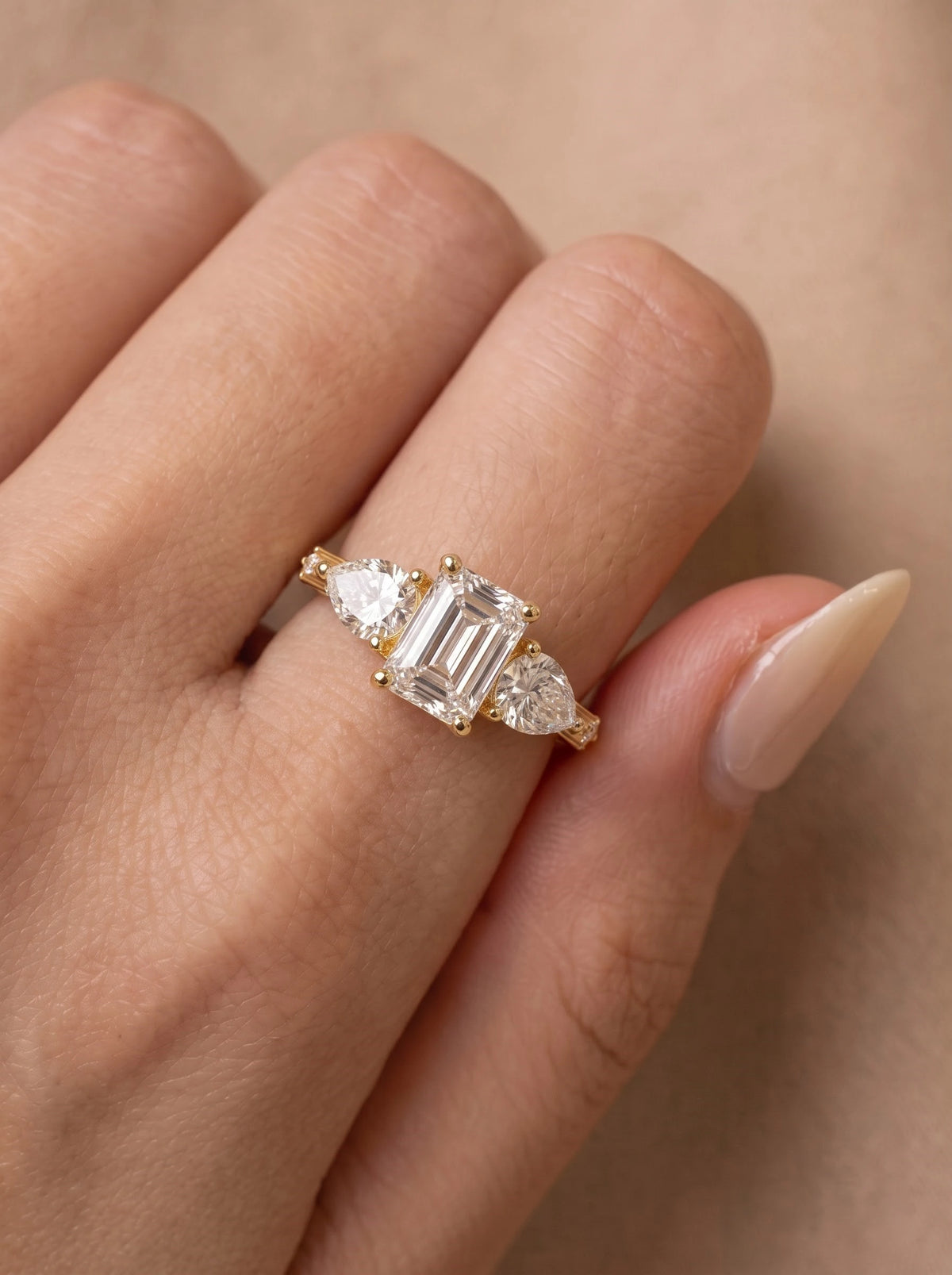 Emerald Cut Lab-Grown Diamond Artisanal Five Stone Shimmering Band Solitaire Engagement Ring