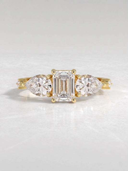 Emerald Cut Lab-Grown Diamond Artisanal Five Stone Shimmering Band Solitaire Engagement Ring - View 2