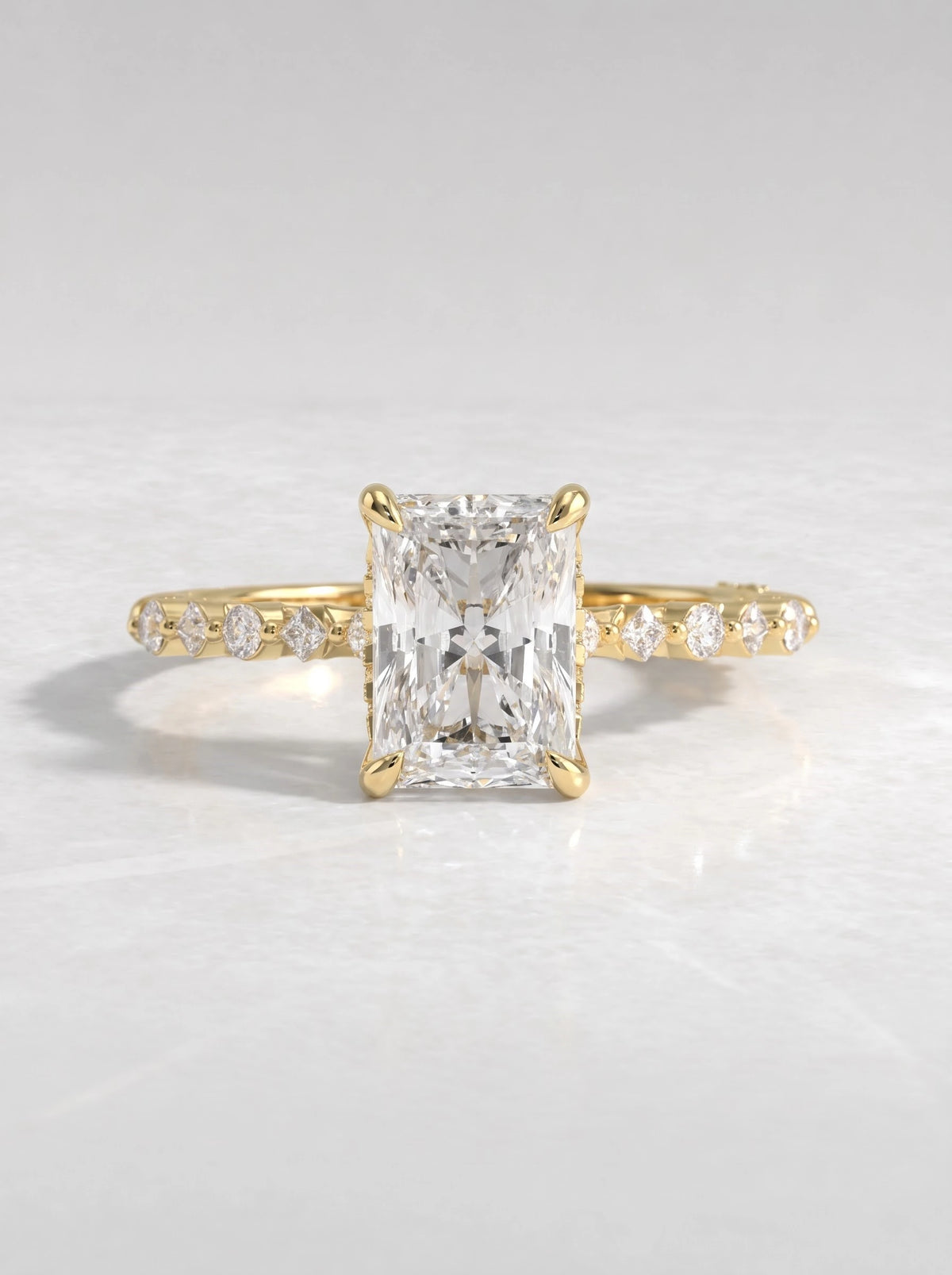 Heirloom Solitare With Accent, Hidden Halo Emerald Cut Lab-Grown Diamond Engagement Ring