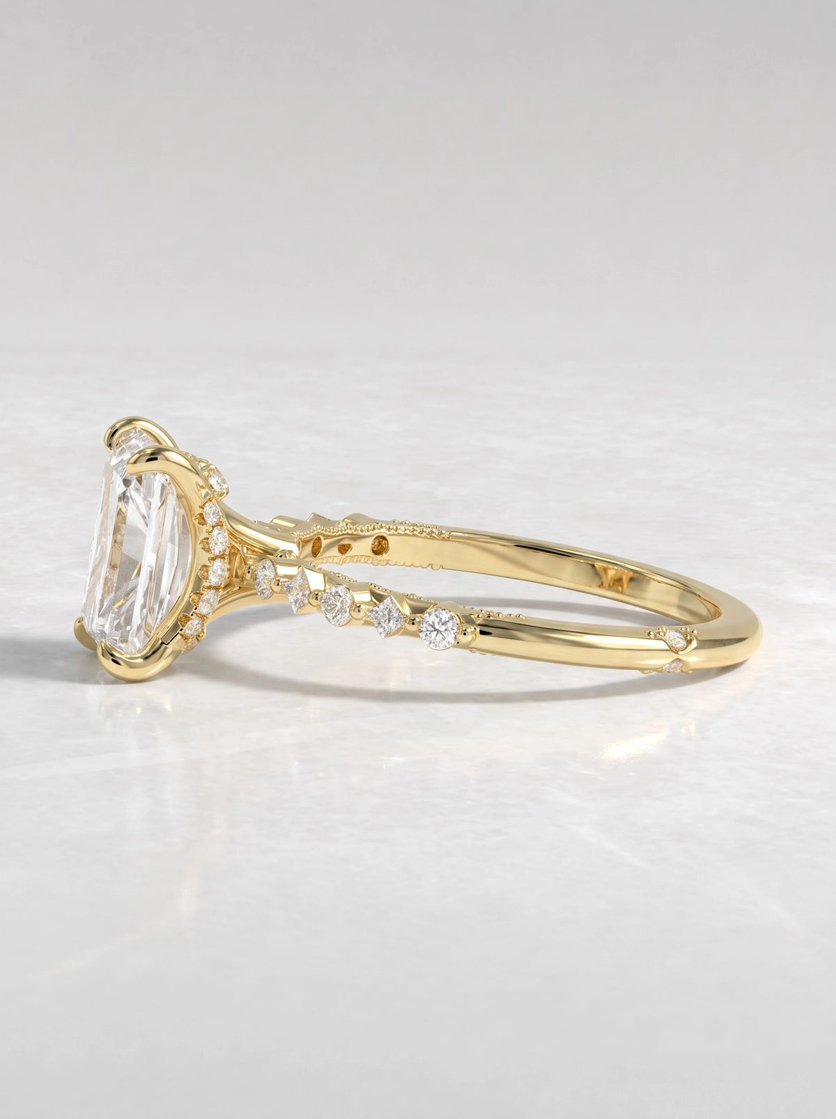 Heirloom Solitare With Accent, Hidden Halo Emerald Cut Lab-Grown Diamond Engagement Ring - View 3