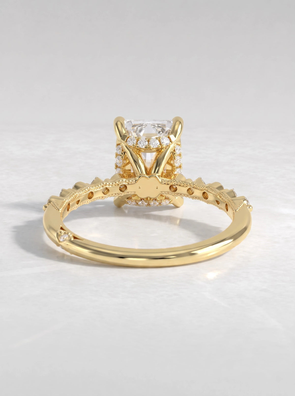 Heirloom Solitare With Accent, Hidden Halo Emerald Cut Lab-Grown Diamond Engagement Ring - View 4