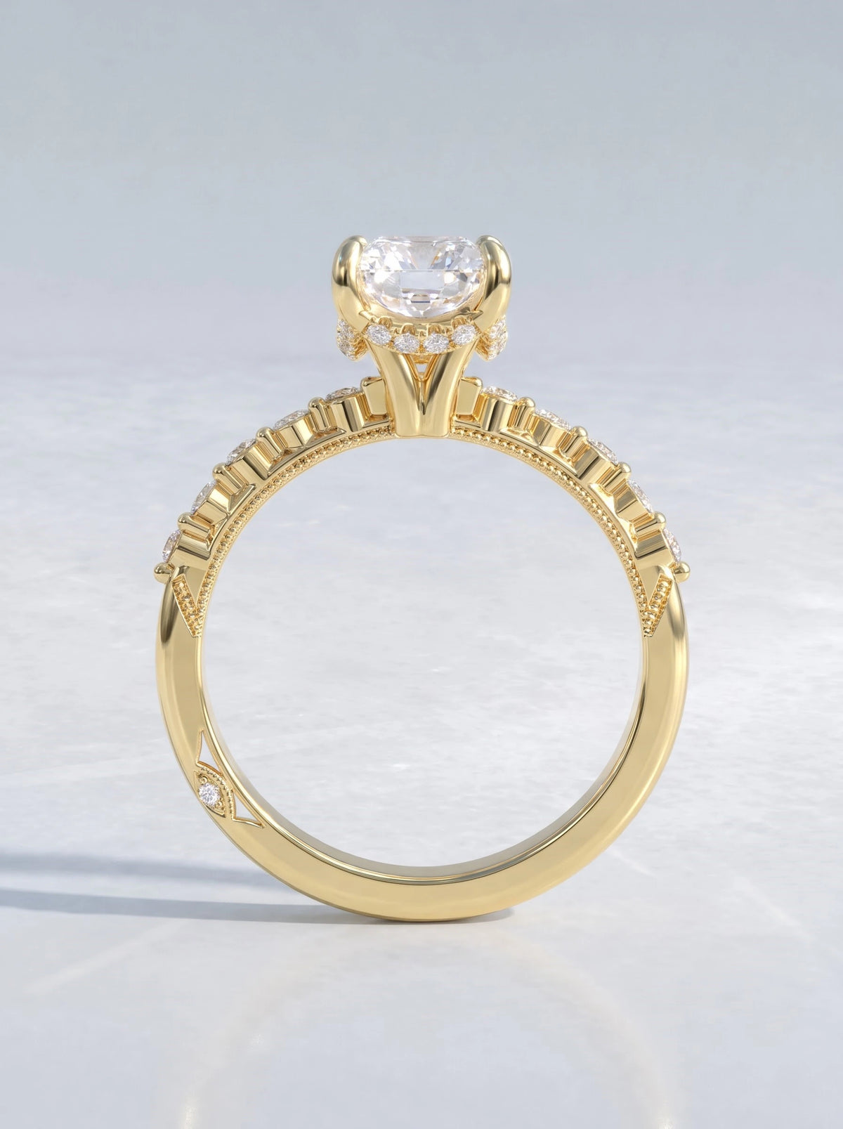 Heirloom Solitare With Accent, Hidden Halo Emerald Cut Lab-Grown Diamond Engagement Ring - View 5