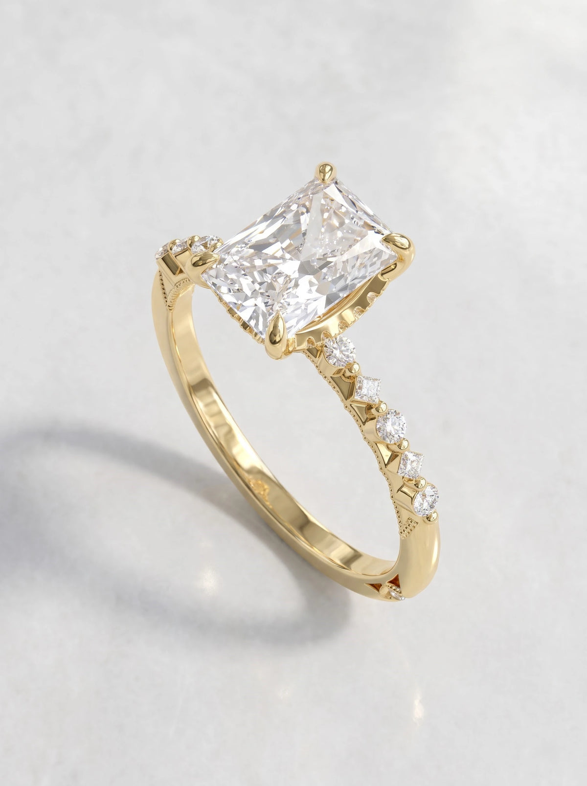 Heirloom Solitare With Accent, Hidden Halo Emerald Cut Lab-Grown Diamond Engagement Ring - View 6
