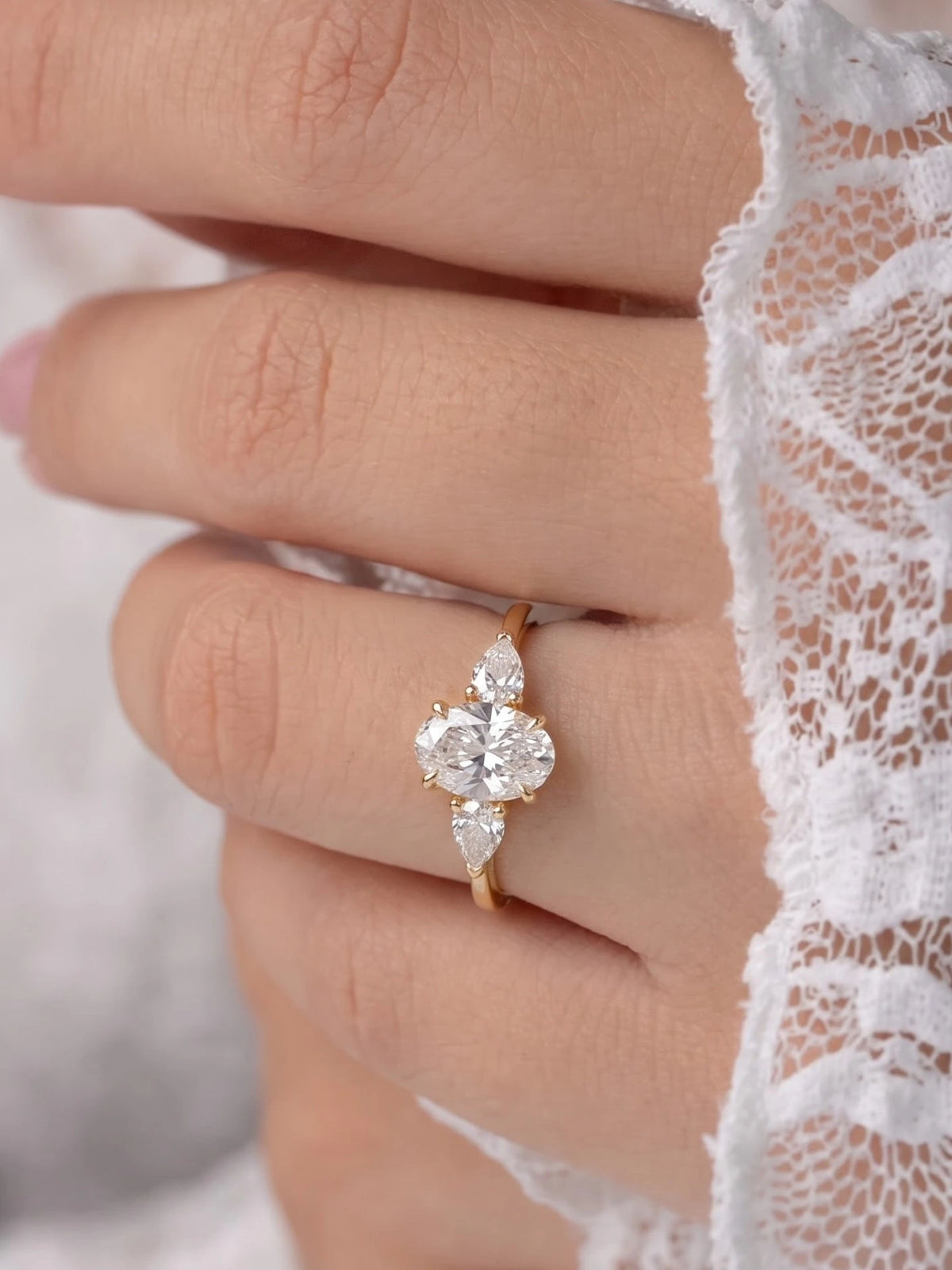 Oval Cut Lab-Grown Diamond Petite Three Stone Shimmering Band Solitaire Engagement Ring