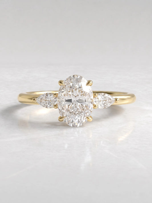 Oval Cut Lab-Grown Diamond Petite Three Stone Shimmering Band Solitaire Engagement Ring - View 2