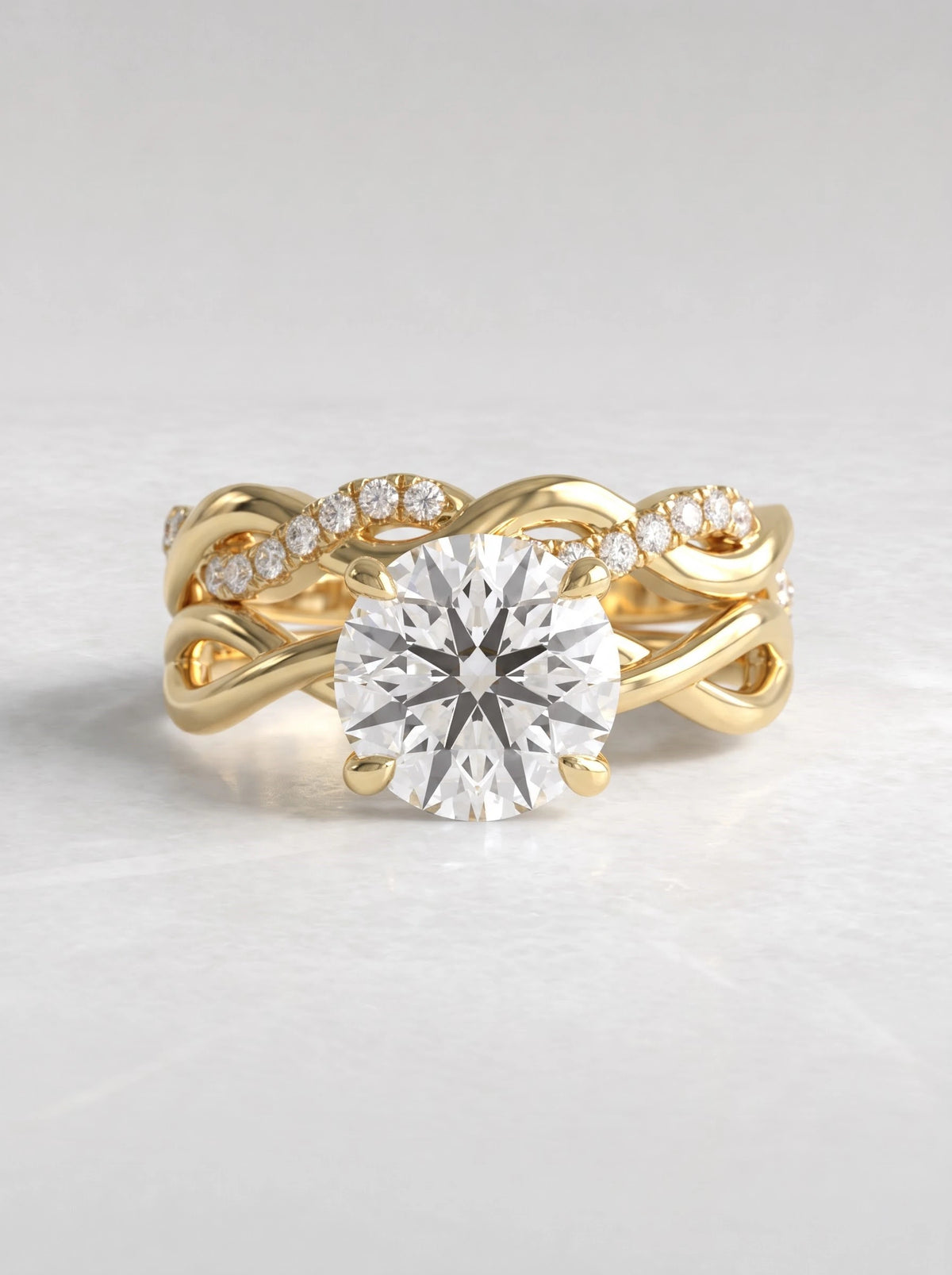 Petite Solitaire, Twisted Band Pavé Accent Round Cut Lab-Grown Diamond Engagement Ring