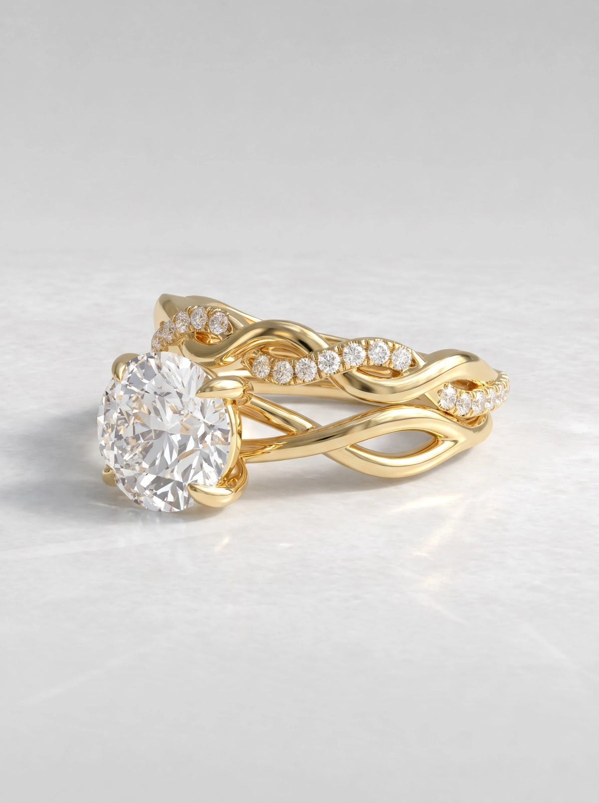 Petite Solitaire, Twisted Band Pavé Accent Round Cut Lab-Grown Diamond Engagement Ring - View 3