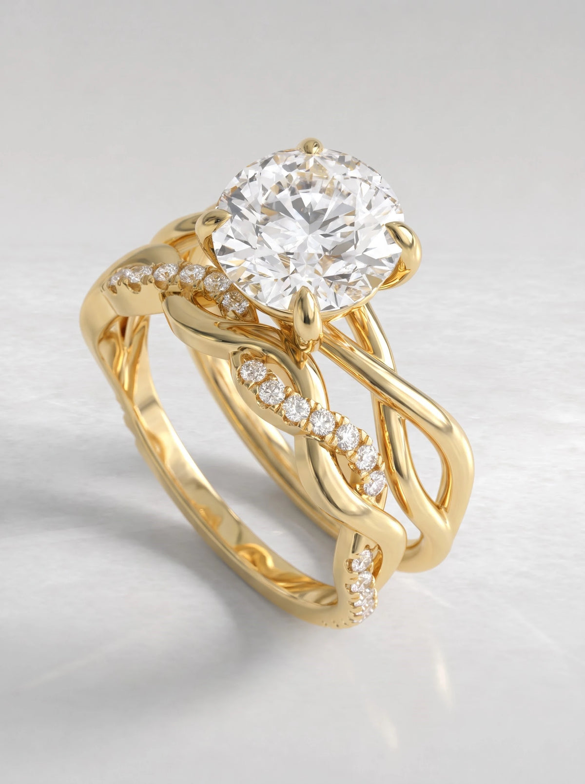 Petite Solitaire, Twisted Band Pavé Accent Round Cut Lab-Grown Diamond Engagement Ring - View 7