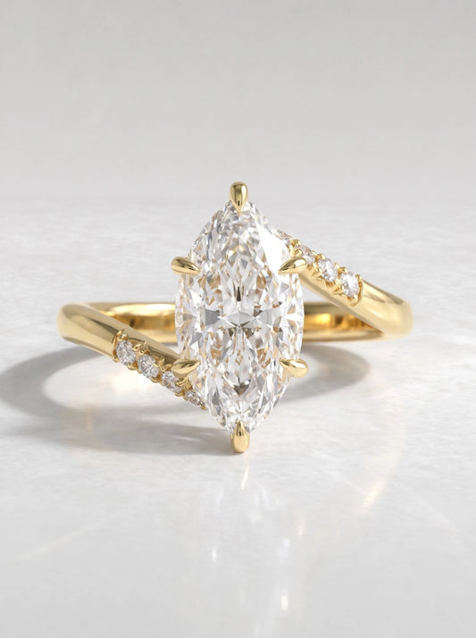 The Camille Marquise Cut Lab-Grown Diamond Solitare With Accent, Bypass Heirloom Solitaire Ring