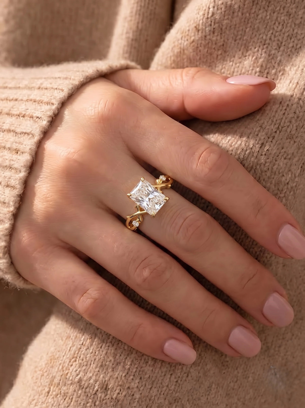 The Juliette Radiant Cut Lab-Grown Diamond Three Stone Hidden Halo Engagement Ring