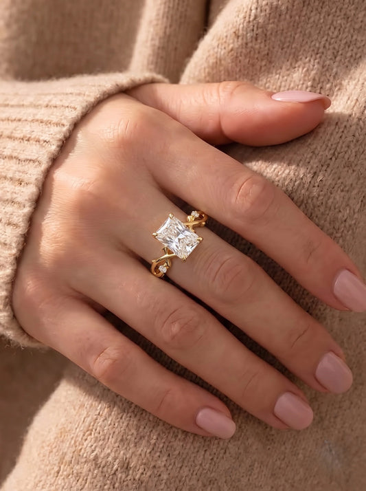 The Juliette Radiant Cut Lab-Grown Diamond Three Stone Hidden Halo Engagement Ring